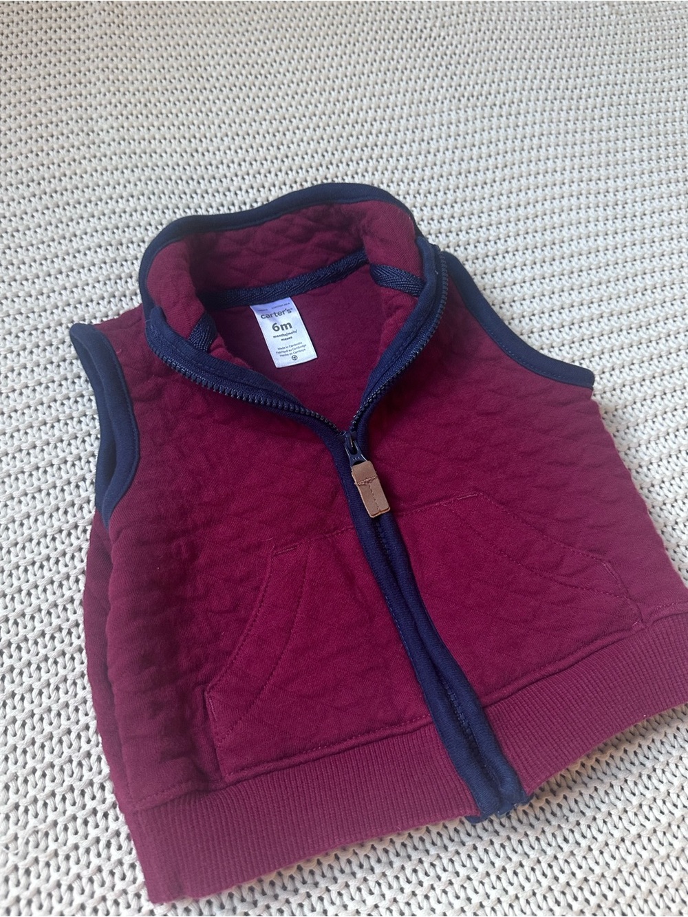 6 Months Burgundy Quilted Vest with Navy Trim